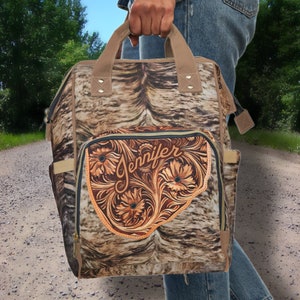 Personalized Western Backpack Diaper Bag, a Hair-on Brindle Cowhide & Carved Leather DIGITALLY PRINTED Design. Cowboy or Cowgirl Baby Gift
