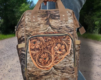 Personalized Western Backpack Diaper Bag, a Hair-on Brindle Cowhide & Carved Leather DIGITALLY PRINTED Design. Cowboy or Cowgirl Baby Gift