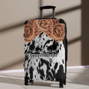 Personalized Western Suitcase  - DIGITALLY PRINTED HairOn Cowhide & Carved Leather Design - Customize/Personalize with Name or Cattle Brand