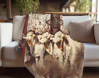Brahman Cattle Plush Sherpa Blanket (Horizontal Print) Warm Couch Throw, Western Christmas Gift, Western Wedding Gift, Rustic Ranch Decor