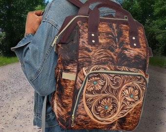 Personalized Western Backpack/Diaper Bag with a DIGITALLY PRINTED Hair-on Cowhide & Carved Leather Design. Cowboy Cowgirl Gift or Baby Gift
