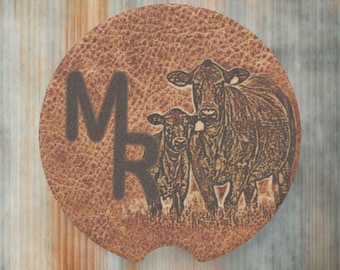PERSONALIZED Car Truck Cupholder Stone Coaster Set, Western Car Coaster Inserts, Angus Cattle Gift, Cowboy Cowgirl Western Stocking Stuffer