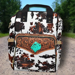 Personalized Western Backpack/Diaper Bag, DIGITALLY PRINTED Hair-on Cowhide & Carved Leather Design. Perfect Western Christmas or Baby Gift image 5
