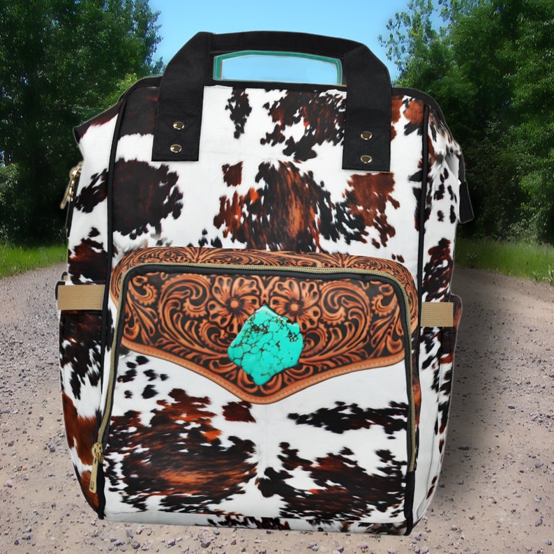 Personalized Western Backpack/Diaper Bag, DIGITALLY PRINTED Hair-on Cowhide & Carved Leather Design. Perfect Western Christmas or Baby Gift image 5