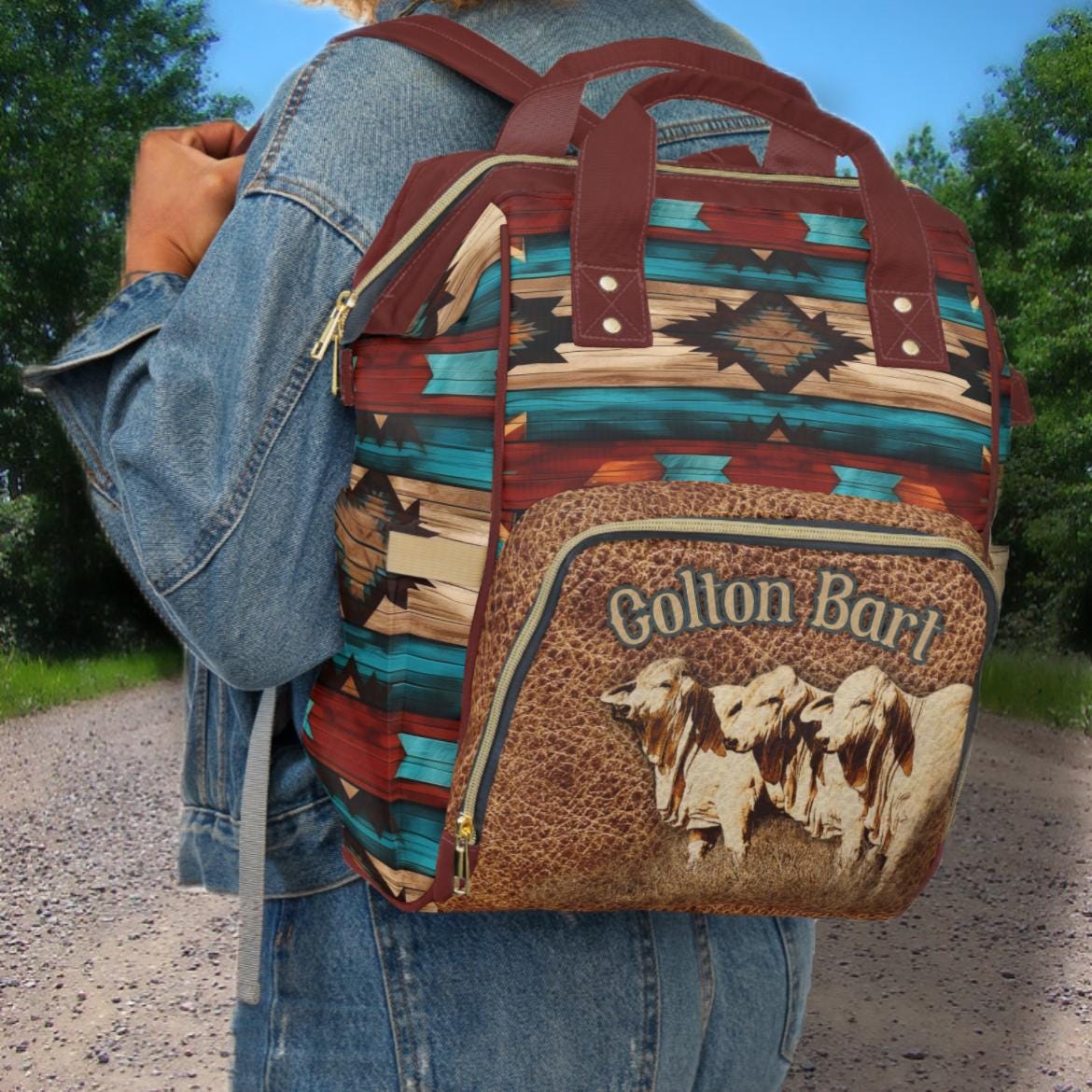PERSONALIZED Western Brahman Cattle Top Handle Backpack, Punchy Aztec ...