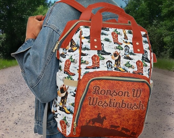 PERSONALIZED Western Backpack Western Diaper Bag Vintage Retro Cowboy Boot Print Design.  Cute Western Baby Gift, Western Christmas Boy Gift