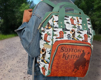 PERSONALIZED Western Backpack Western Diaper Bag, Retro Vintage Cowboy Boot Print Rodeo Vibe, Western Baby Gift, Western Christmas Present