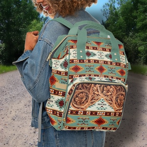 PERSONALIZED Western Backpack/Diaper Bag, Saddle Blanket & Carved Leather DIGITALLY PRINTED Design. Cute Western Christmas Gift or Baby Gift