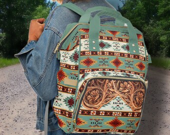 PERSONALIZED Western Backpack/Diaper Bag, Saddle Blanket & Carved Leather DIGITALLY PRINTED Design. Cute Western Christmas Gift or Baby Gift