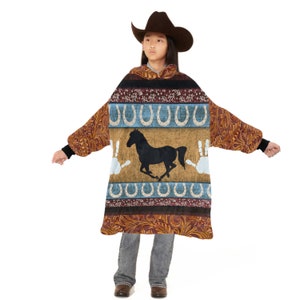 Kids Western OVERSIZED Hooded Blanket, Super Plush GIANT Full Body Wearable Blanket, Western Christmas Gift for Horse Lover Cowgirls Cowboys