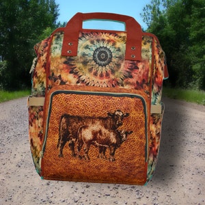 PERSONALIZED Western Backpack/Diaper Bag Saddle Blanket Cow Calf Leather Digitally-Printed-On Design. Western Christmas Gift or Baby Gift
