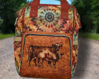 PERSONALIZED Western Backpack/Diaper Bag Saddle Blanket Cow Calf Leather Digitally-Printed-On Design. Western Christmas Gift or Baby Gift
