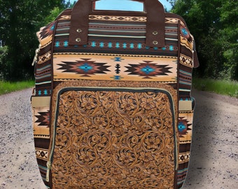 PERSONALIZED Western Backpack - Diaper Bag with Saddle Blanket, Leather & Team Roper Digitally-Printed-On Design. Western Christmas Gift