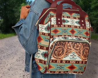 PERSONALIZED Western Backpack/Diaper Bag, Saddle Blanket & Carved Leather DIGITALLY PRINTED Design. Cute Western Christmas Gift or Baby Gift