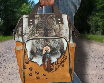 PERSONALIZED Western Backpack, Western Diaper Bag, Native America Inspired Bag, Customized Diaper Bag, Native Style Bag, Faux Deer Skin Bag