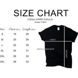 May include: Size chart for a Gildan 64000 Softstyle Unisex T-Shirt. The chart shows the chest and length measurements in inches for sizes S, M, L, XL, 2XL, and 3XL.