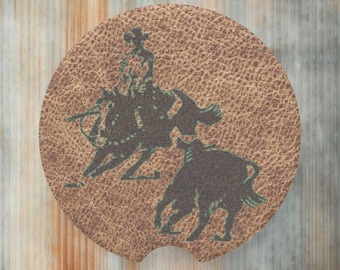 CUTTING HORSE  Car Truck Cupholder Stone Coaster Set, Western Car Coaster Inserts, Angus Cattle Gift Stocking Stuffer