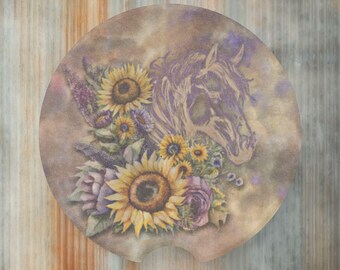 Sunflowers & Horse Car Truck Cupholder Stone Coaster Set, Western Car Coaster Inserts, Horse Lover Gift, Cowgirl Western Stocking Stuffers