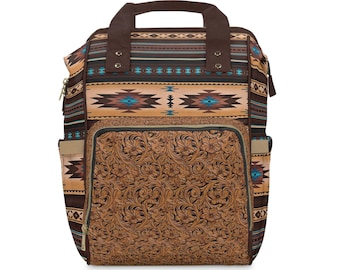 Western Multifunctional Backpack - Diaper Bag with Digitally-Printed Saddle Blanket & Carved Leather Look Design. Western Christmas Gift