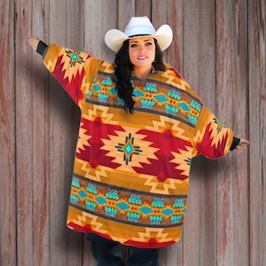 Western OVERSIZED Fleece Blanket Hoodie, GIANT Aztec Saddle Blanket Design Hoodie, Western Christmas Gift Idea for Cowboy Gift for Cowgirl