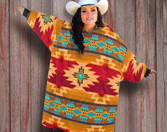 Western OVERSIZED Fleece Blanket Hoodie, GIANT Aztec Saddle Blanket Design Hoodie, Western Christmas Gift Idea for Cowboy Gift for Cowgirl
