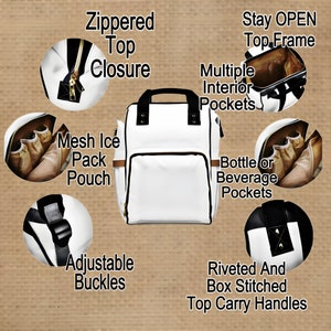 May include: White insulated backpack with black accents and brown trim. Features include a zippered top closure, multiple interior pockets, mesh ice pack pouch, bottle or beverage pockets, adjustable buckles, and riveted and box stitched top carry handles.