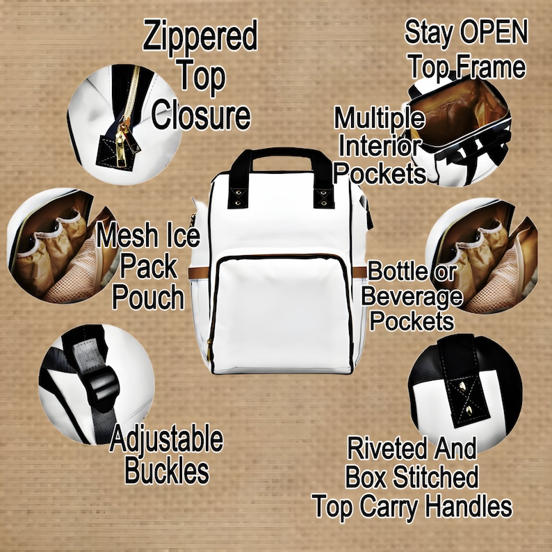 May include: White insulated backpack with black accents and brown trim. Features include a zippered top closure, multiple interior pockets, mesh ice pack pouch, bottle or beverage pockets, adjustable buckles, and riveted and box stitched top carry handles.
