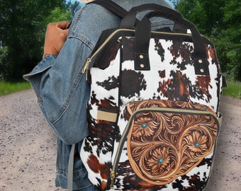 Personalized Western Backpack/Diaper Bag, a Hair-on Cowhide & Carved Leather DIGITALLY PRINTED Design. Great Western Christmas or Baby Gift