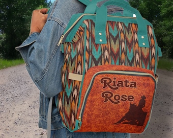 PERSONALIZED Western Backpack Western Diaper Bag Aztec Print & Barrel Racer Design - Carry-On Bag, Cowgirl Backpack, Girls Rodeo Backpack