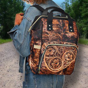 Personalized Western Backpack/Diaper Bag, a Hair-on Cowhide & Carved Leather DIGITALLY PRINTED Design. Great Western Christmas or Baby Gift