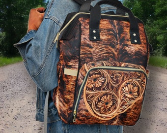 Personalized Western Backpack/Diaper Bag, a Hair-on Cowhide & Carved Leather DIGITALLY PRINTED Design. Great Western Christmas or Baby Gift