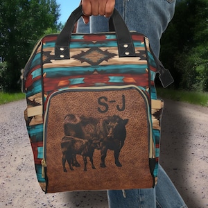 PERSONALIZED Angus Pair Saddle Blanket Aztec Western Backpack Western Diaper Bag - 100% DIGITALLY PRINTED Design - Cowboy Cowgirl Baby Gift