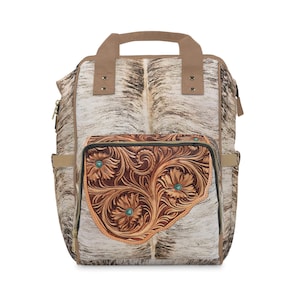 Western Cowhide Backpack Diaper Bag, a Hair-on Brindle Cowhide & Carved Leather DIGITALLY PRINTED Design. Cowboy Cowgirl Gift or Baby Gift