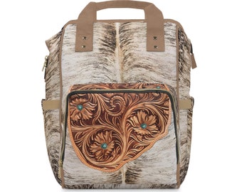 Western Cowhide Backpack Diaper Bag, a Hair-on Brindle Cowhide & Carved Leather DIGITALLY PRINTED Design. Cowboy Cowgirl Gift or Baby Gift