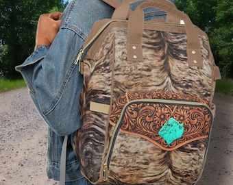 Personalized Western Backpack/Diaper Bag a Hair-on Brindle Cowhide & Carved Leather DIGITALLY PRINTED Design.  Unique Christmas or Baby Gift