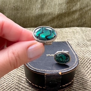Vintage Green Abalone Cuff Links & Stud Case