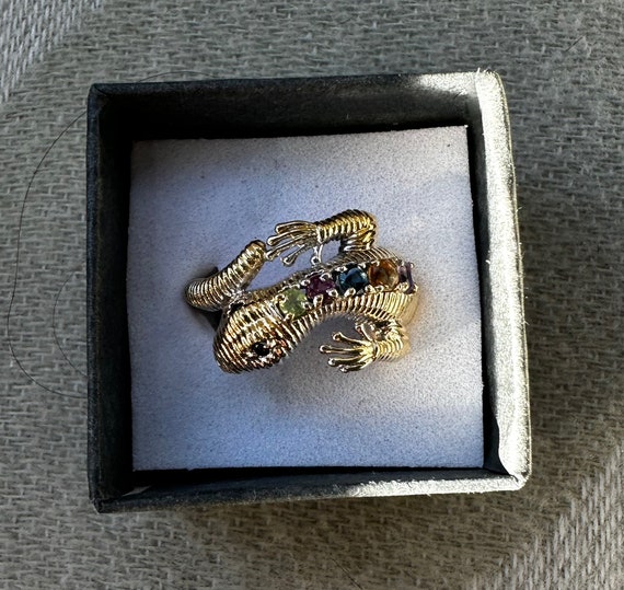 Silver Gilt Lizard Ring: Amethyst, Citrine, Garne… - image 1