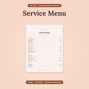 May include: A digital service menu template for nail technicians on a light peach background. The document features the text Service Menu, lists various manicure and nail art services with prices, and includes a header labelled Nail Tech Editable Canva Template.