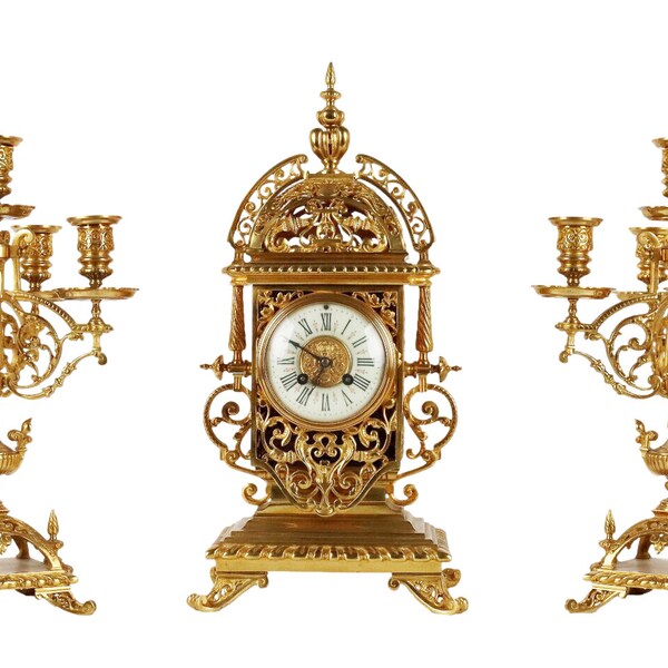 fireplace set French triptych fireplace clock in gilt bronze 19th century 1870-1890 - Free shipping to the US and Europe