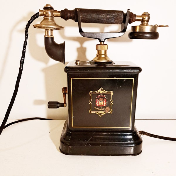 Antique Danish telephone, Jydsk Telefon Aktieselskab, hand crank telephone from 1900