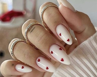 24pcs Long Almond Red heart & white press on nails