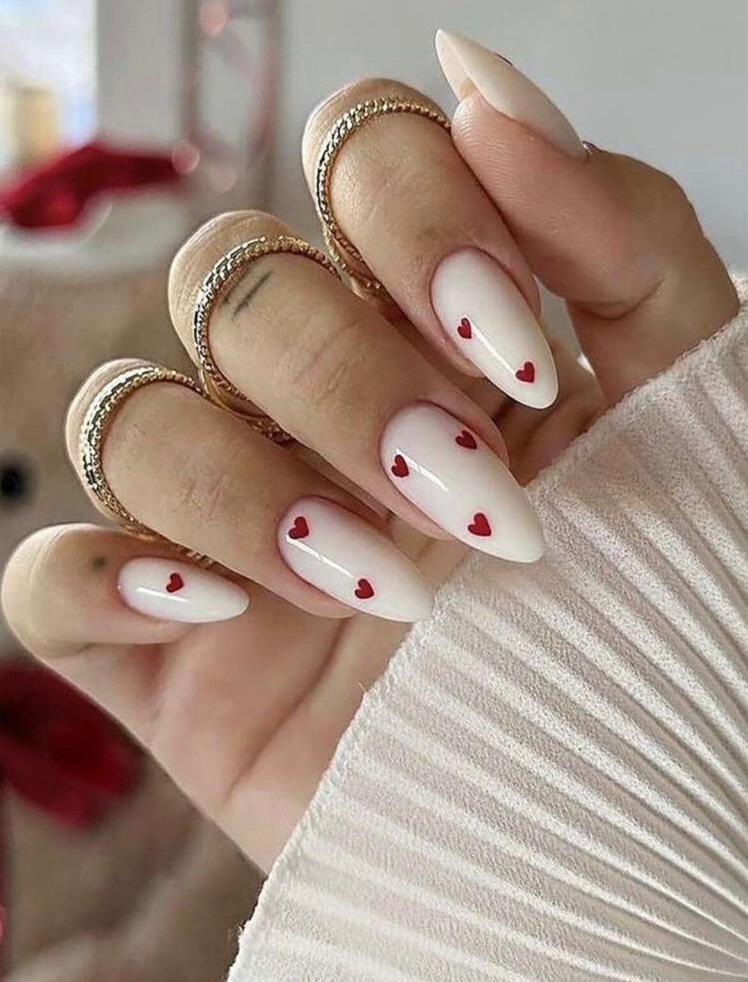 24pcs Long Almond Red Heart & White Press on Nails Etsy