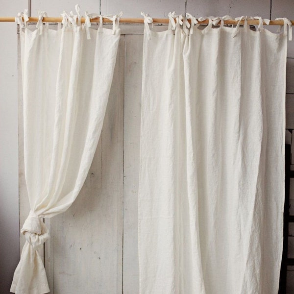 Tie top linen curtains with ties 55" wide, Window treatments panel, White curtains, door curtain,shower curtains, Kitchen curtains