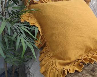 Mustard Ruffle pillow case. Linen pillowcase with ruffle around. Shams with ruffle. Ruffled pillow shams. Body pillow. Euro shams