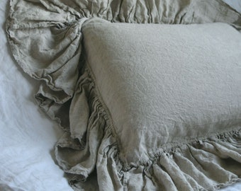 Ruffle pillowcase. Linen pillow cover ruffle around. Shams with ruffle. Natural linen bedding. Ruffled pillow shams. Body pillow. Euro shams