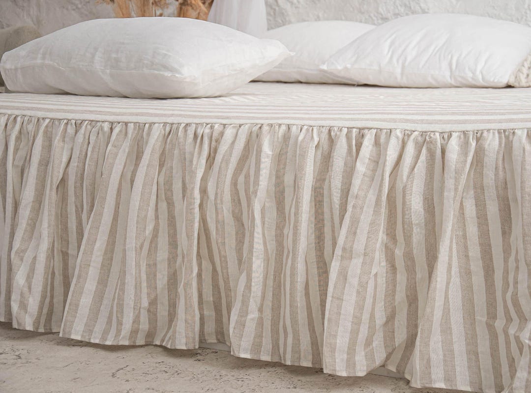 Striped Ruffle Sheets Striped Linen Bed Skirt, Ruffled Stonewashed Bedding - Etsy