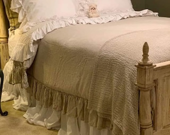 Linen DUVET COVER  Rustic style linen bedding with ruffles  shabby chic washed linen ruffle arround buttoned hidden closure