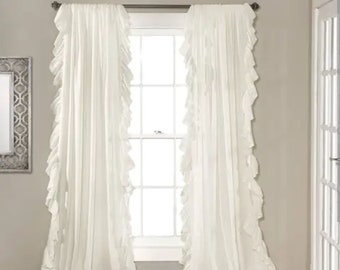 Linen curtains with ruffle on 3 sides 55" wide, Window treatments panel, White curtains, door curtain,shower curtains, Kitchen curtains