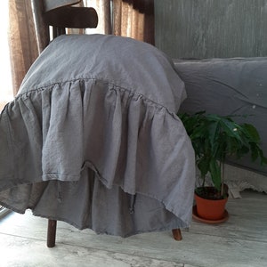 Graphite Linen ruffled Pillow case on one side, Pillow Sham with ruffle, linen pillowcase Queen, Linen shabby Bedding, ruffled pillow shams