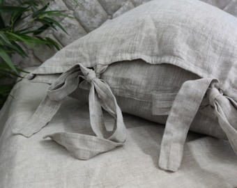 Linen Pillowcase with ties flap end standard queen pillowslip super king white pillow grey flax pillow cover natural bedding tied pillowcase